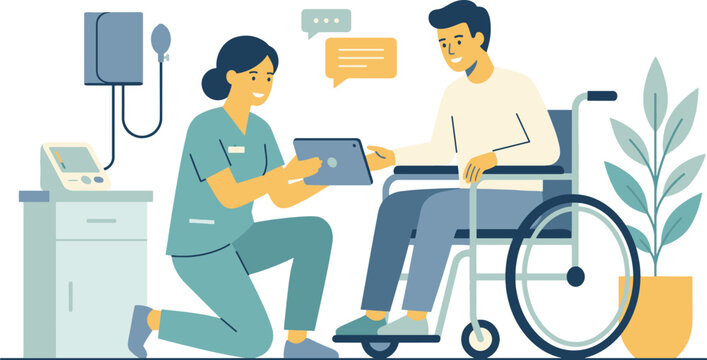 Nurse assisting patient in wheelchair with tablet, medical care and technology in hospital.