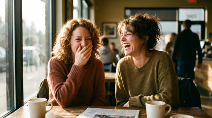 Fototapeta premium Two Women Laughing Candidly Together at a Coffee Shop, Warm Natural Light, Documentary Style Film Photography