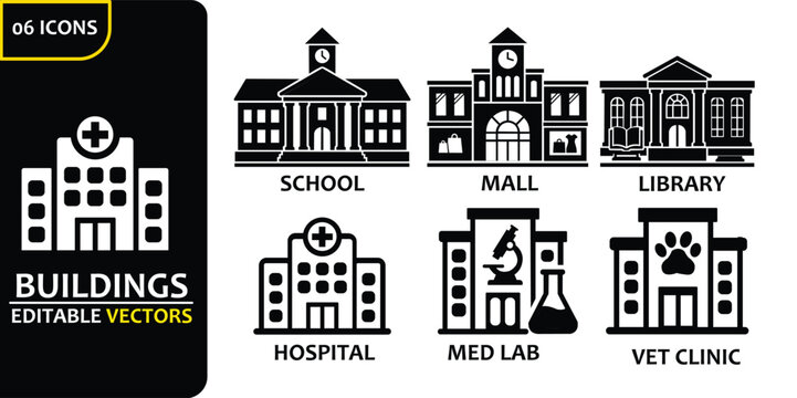 Public building solid icon set featuring school shopping mall library hospital medical laboratory and veterinary clinic. Minimalist glyph vector icons for urban infrastructure map navigation.