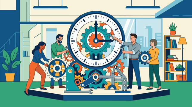 Collaborative project management vector illustration of diverse colleagues assembling a giant clock with interlocking gears, symbolizing teamwork, deadlines, precision planning, and timing