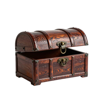 Ornate wooden chest sits open on a white background