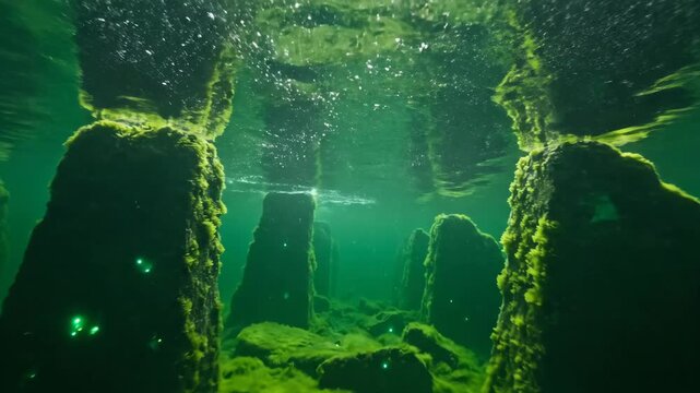 Camera Diving into Green Liquid Revealing a Muffled Underwater World of Mossy Stone Pillars