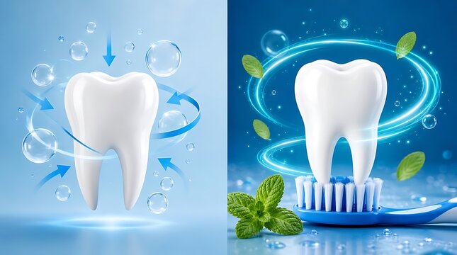 Close up of a single white tooth with a toothbrush and mint leaves on a blue