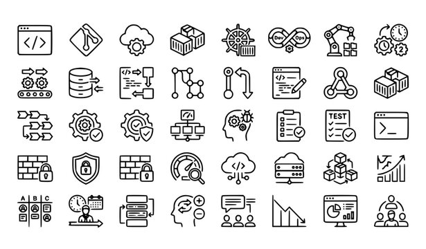 Modern DevOps Engineering and Software Development Line Icons with Editable Stroke Vector Set