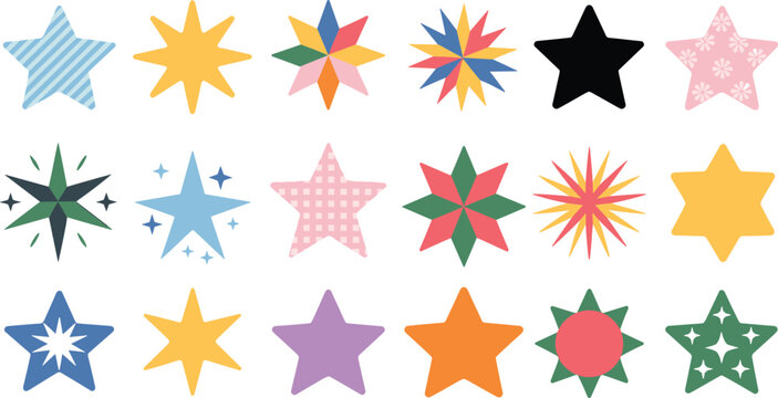 Colorful Whimsical Star Clipart Set with Pastel Sparkles and Geometric Sunburst Shapes for Birthday and Scrapbook Designs