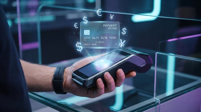 Close up of hand holding card reader with secure payment hologram and currency symbols icons.