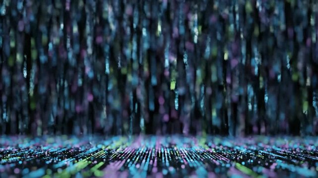 Multicolored Digital Pixel Rain Falling on Black Background Cyberpunk Atmosphere
