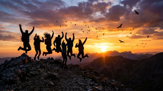 Group of friends jumping for joy on a mountain peak at sunset.