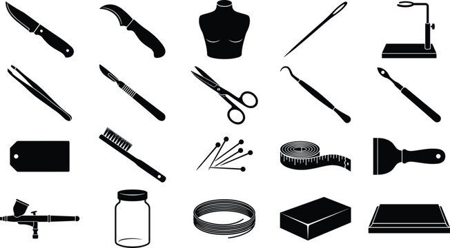 Glassblowing Studio Tools and Glass Craft Equipment Silhouette Vector Icons Set