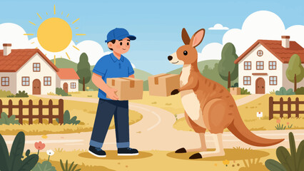 Naklejka premium A delivery man with boxes and a kangaroo in a rural countryside vector
