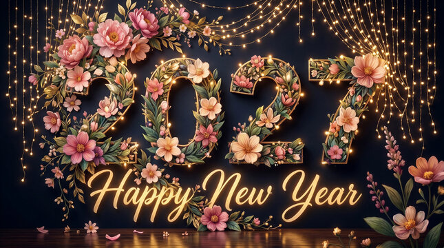 Happy New Year 2027 Celebration, Floral 2027 numbers with elegant flowers golden lights festive holiday greeting vector illustration