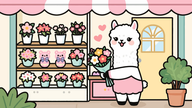 A cute white alpaca holding a bouquet of flowers in front of a charming flower shop with potted plants and decorative bears vector