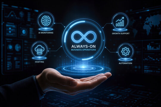 Always-on business operations concept hand presenting continuous AI monitoring hosting growth support automation persistent automated management for entrepreneurs futuristic tech environment
