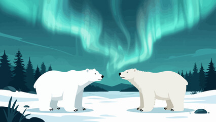 Two polar bears facing each other under the mesmerizing vector of aurora borealis in a snowy arctic landscape with coniferous trees © MdAzizulHaque