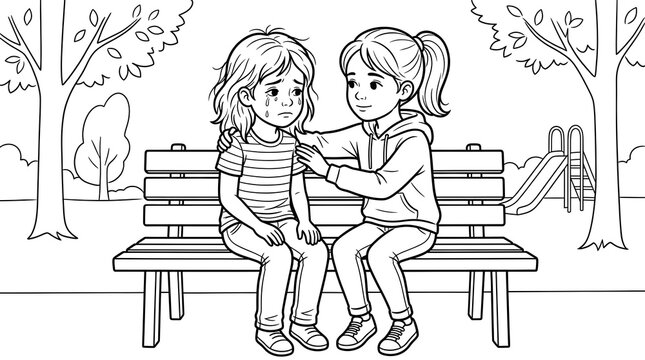 Cute Coloring Page Of A Kind Girl Comforting Her Crying Friend