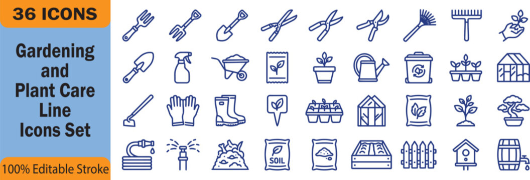 Gardening and Plant Care Line Icons Set &ndash; Editable Stroke Garden Tools, Greenhouse and Agriculture Vector Collection
