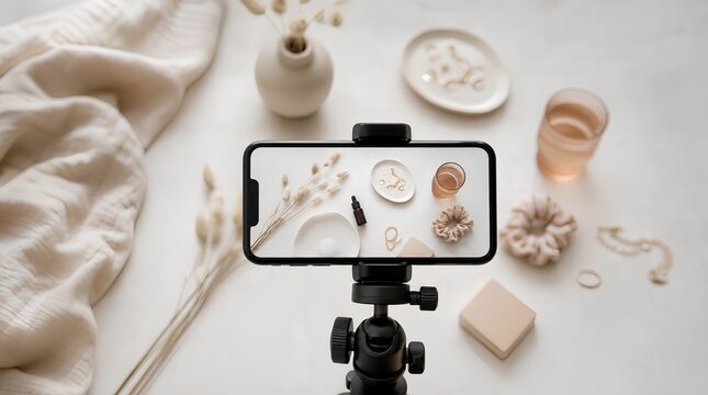 Smartphone on tripod filming an elegant neutral flat lay with dried flowers, jewelry, soft fabric, blush glassware and clean studio light for aesthetic content creation, vlogging and social media