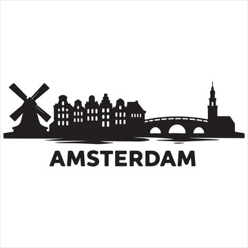 Silhouette of amsterdam with windmill, canal, and iconic architecture