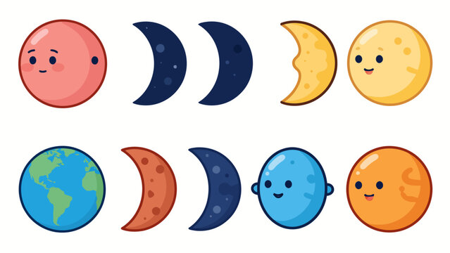 vector illustration of celestial bodies and moon phases in a whimsical cartoon style showcasing the full cycle from new moon to full moon with detailed design elements for commercial use