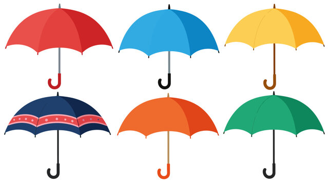 Six colorful vector umbrellas in red, blue, yellow, navy with patterned design and different handle colors for commercial illustration use