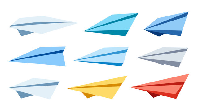 A collection of nine colorful vector paper airplanes in various shades and angles on a clean white background