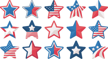 Fototapeta premium Patriotic American Flag Star Icon Set with United States Independence Day Memorial Day and 4th of July Celebration Symbols