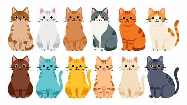 ten colorful vector cats in various poses and patterns on white background