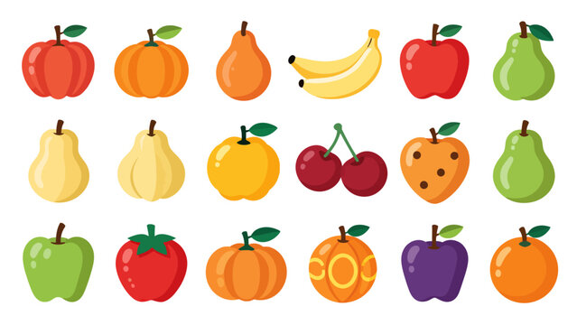 A comprehensive collection of various fruits in vibrant vector illustrations showcasing apples, pears, bananas, cherries, oranges, and pumpkins with a modern flat design aesthetic