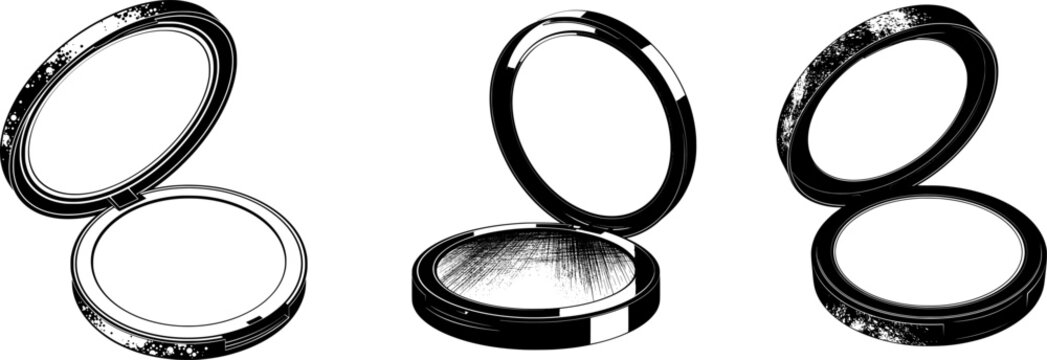 A sleek black plastic compact mirror in a minimalist 2D flat vector style with a white background, showcasing its elegant simplicity