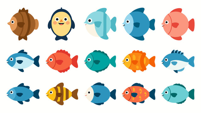 Vector illustration of diverse cartoon fish and characters in vibrant colors for commercial use
