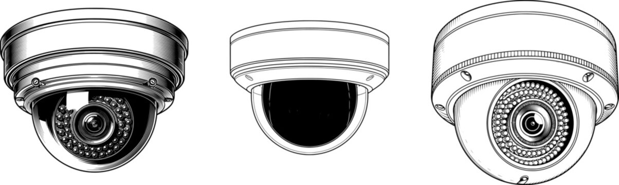 A sleek black security camera dome in a flat vector style with a white background features intricate details and sharp edges, exuding a modern and secure atmosphere