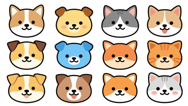 Vector illustration of cute dog and cat faces in various breeds with friendly expressions