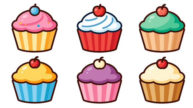 vector six colorful cupcakes with various toppings and designs in vibrant cartoon style for commercial use