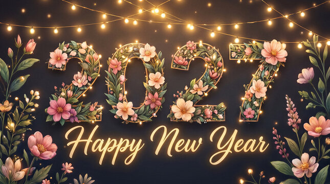 Happy New Year 2027 Celebration, Floral 2027 numbers with elegant blossoms glowing string lights festive holiday vector illustration