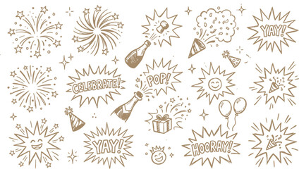 Hand drawn celebration doodle set with fireworks and champagne, festive party icons in sketch style, gold line art elements for New Year and birthday © Zaingill