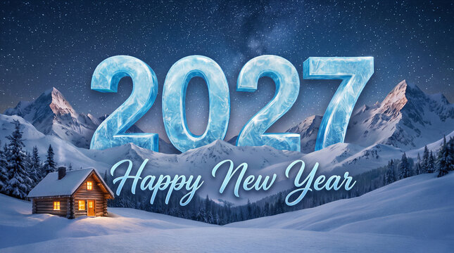 Happy New Year 2027 Celebration, Snowy winter landscape with icy 2027 numbers cozy cabin holiday greeting vector illustration