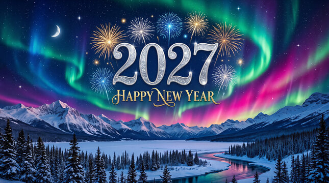 Happy New Year 2027 Celebration, Aurora borealis 2027 with snowy mountains colorful fireworks winter holiday greeting vector illustration