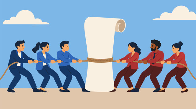 Business negotiation tug of war vector illustration with rival teams pulling rope around giant rolled contract scroll, showing dispute, partnership tension, legal conflict and agreement battle