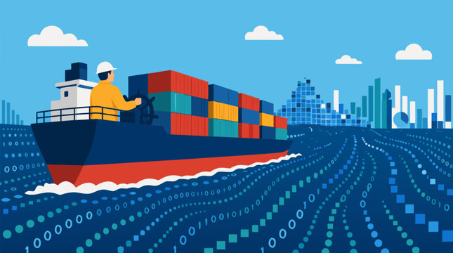Cargo ship captain steering stacked containers across a digital data ocean toward futuristic skyline, symbolizing smart logistics, global trade, automation and supply chain technology
