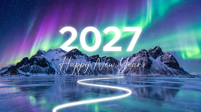 Happy New Year 2027 Celebration, Aurora borealis over frozen lake with 2027 winter landscape holiday greeting vector illustration