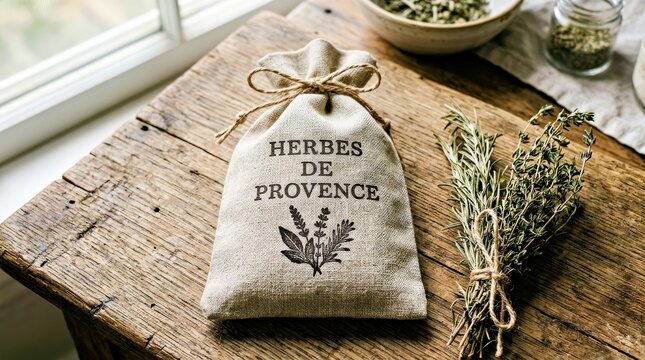 Herbes De Provence Sachet With Dried Herbs on Rustic Wooden Background