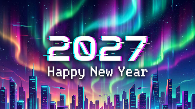 Happy New Year 2027 Celebration, Futuristic cyberpunk 2027 neon city skyline with aurora festive holiday vector illustration