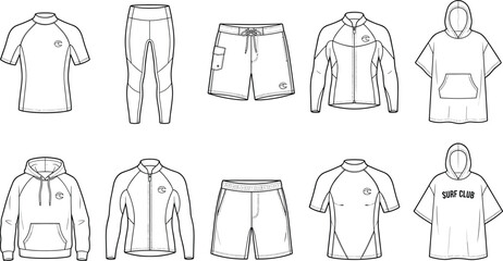 Surfwear and swimwear fashion technical sketch set including rash guards boardshorts leggings and poncho hoodies © Md Atiar Rahman