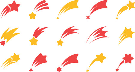 Shooting Star Vector Icon Set with Flat Falling Comet Symbols and Yellow Red Meteor Trails for Space Designs © Art by Chandon