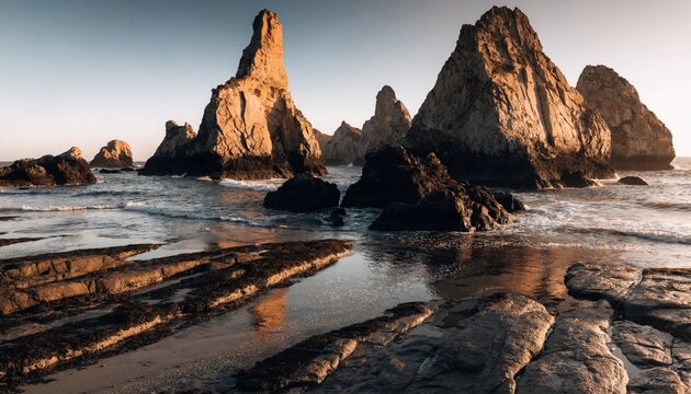 Golden hour seascape with towering sea stacks, dark volcanic rocks, tidal pools and glowing reflections as ocean waves surround a dramatic rugged coastline in warm evening light at sunset