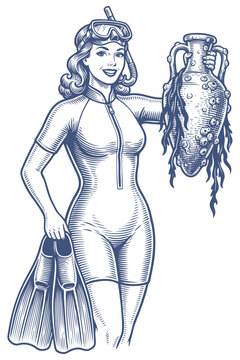 Vector engraving illustration of a beautiful smiling female diver holding an ancient amphora and flippers. Vintage marine treasure art.