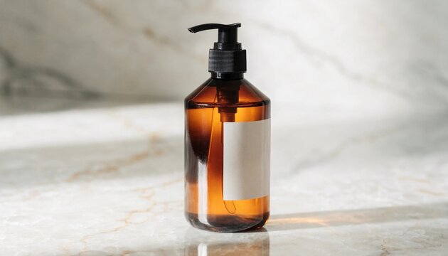 Amber pump shampoo bottle with blank cream label on light marble surface, elegant cosmetic packaging mockup in soft diffused studio light for skincare branding, beauty product design and spa retail