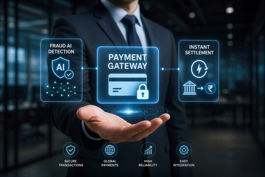 Businessman presenting payment gateway with fraud AI detection and instant settlement holograms in dark office secure transactions global payments high reliability easy integration fintech concept