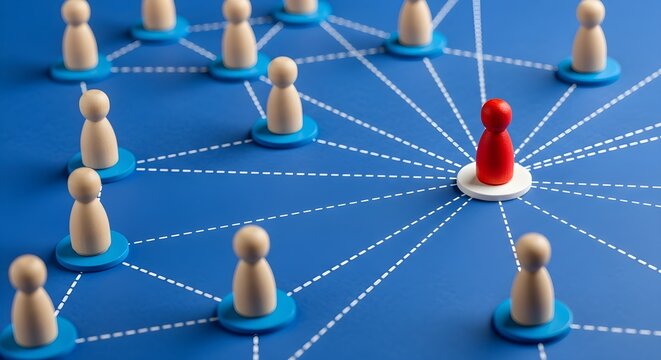 Red leader pawn connecting to wooden group members on blue network map with leadership connection business