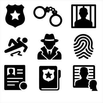 Court criminal warrant file police icon justice fingerprint detective mugshot handcuffs vector